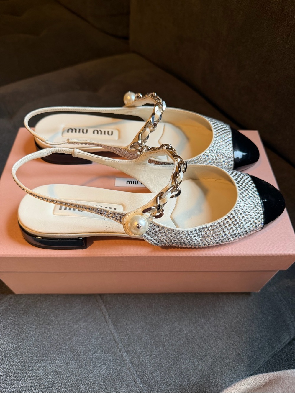 Prada White & Black Jeweled Slingback Flats - Picture 2 of 5